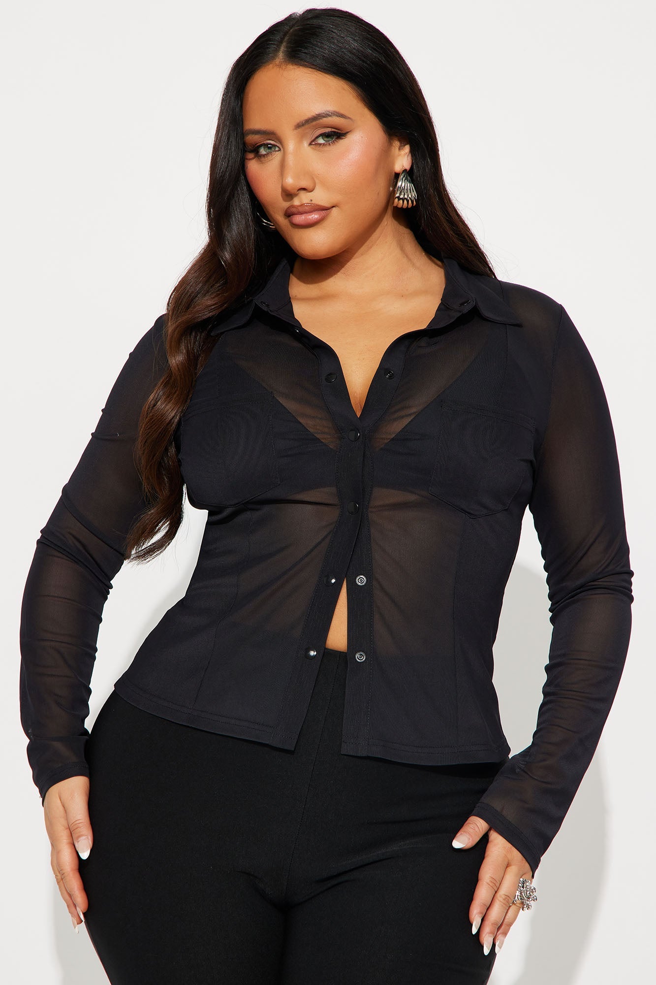 Liesel Snap Button Up Mesh Shirt - Black