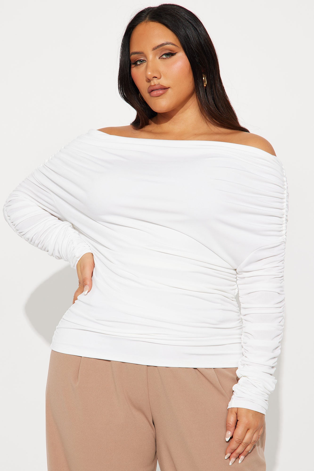 Maggie Long Sleeve Ruched Off Shoulder Top - White