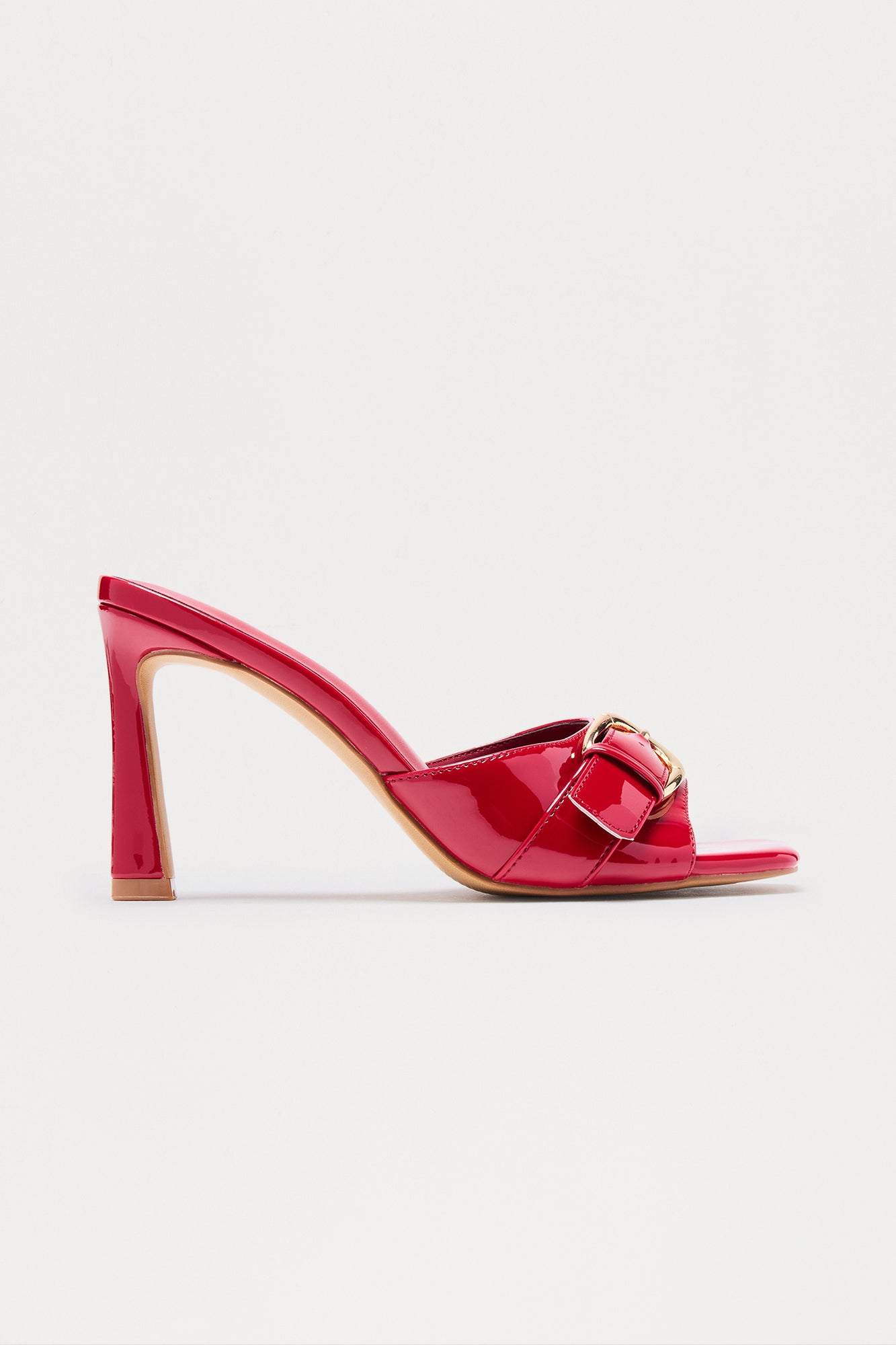 Siella Buckle Faux Patent Mules - Burgundy