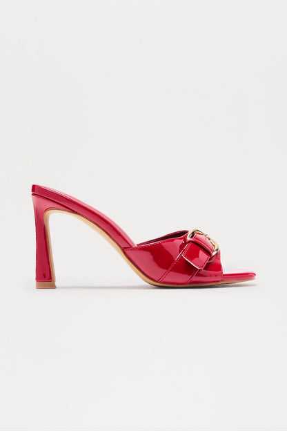 Siella Buckle Faux Patent Mules - Burgundy