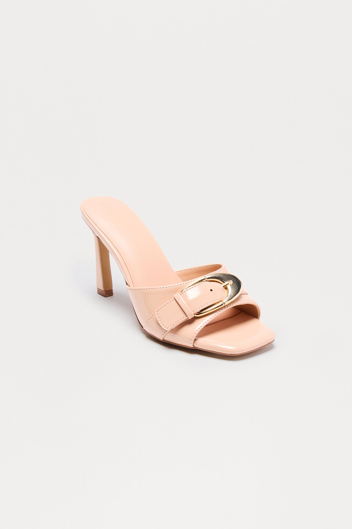 Siella Buckle Faux Patent Mules - Nude