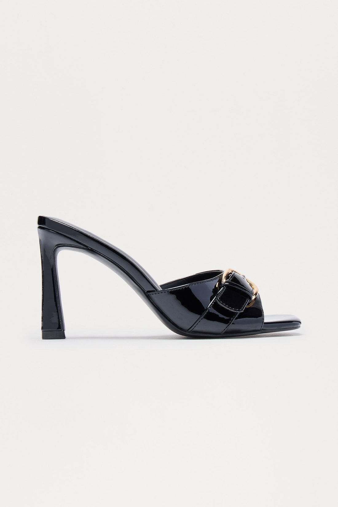 Siella Buckle Faux Patent Mules - Black