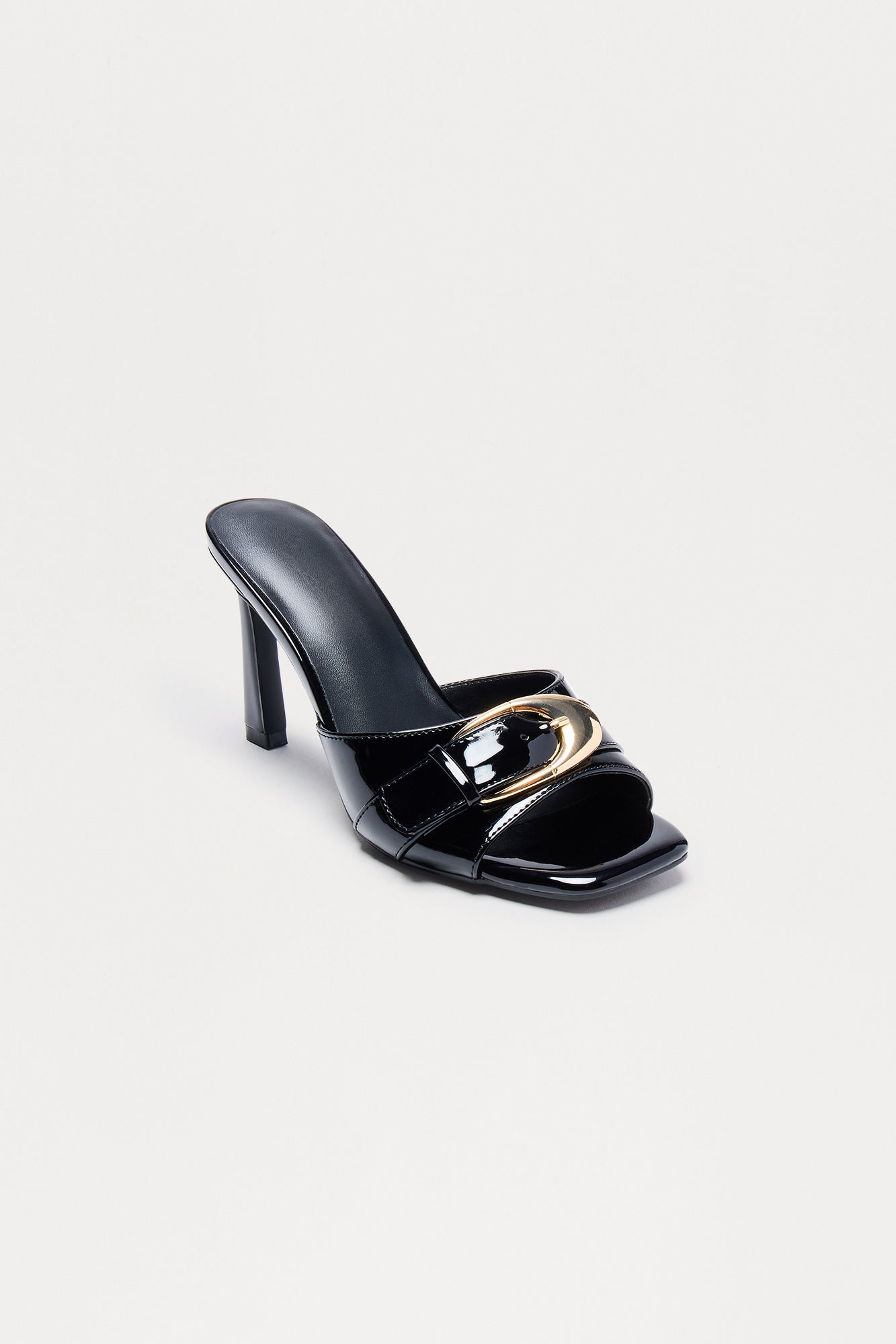 Siella Buckle Faux Patent Mules - Black