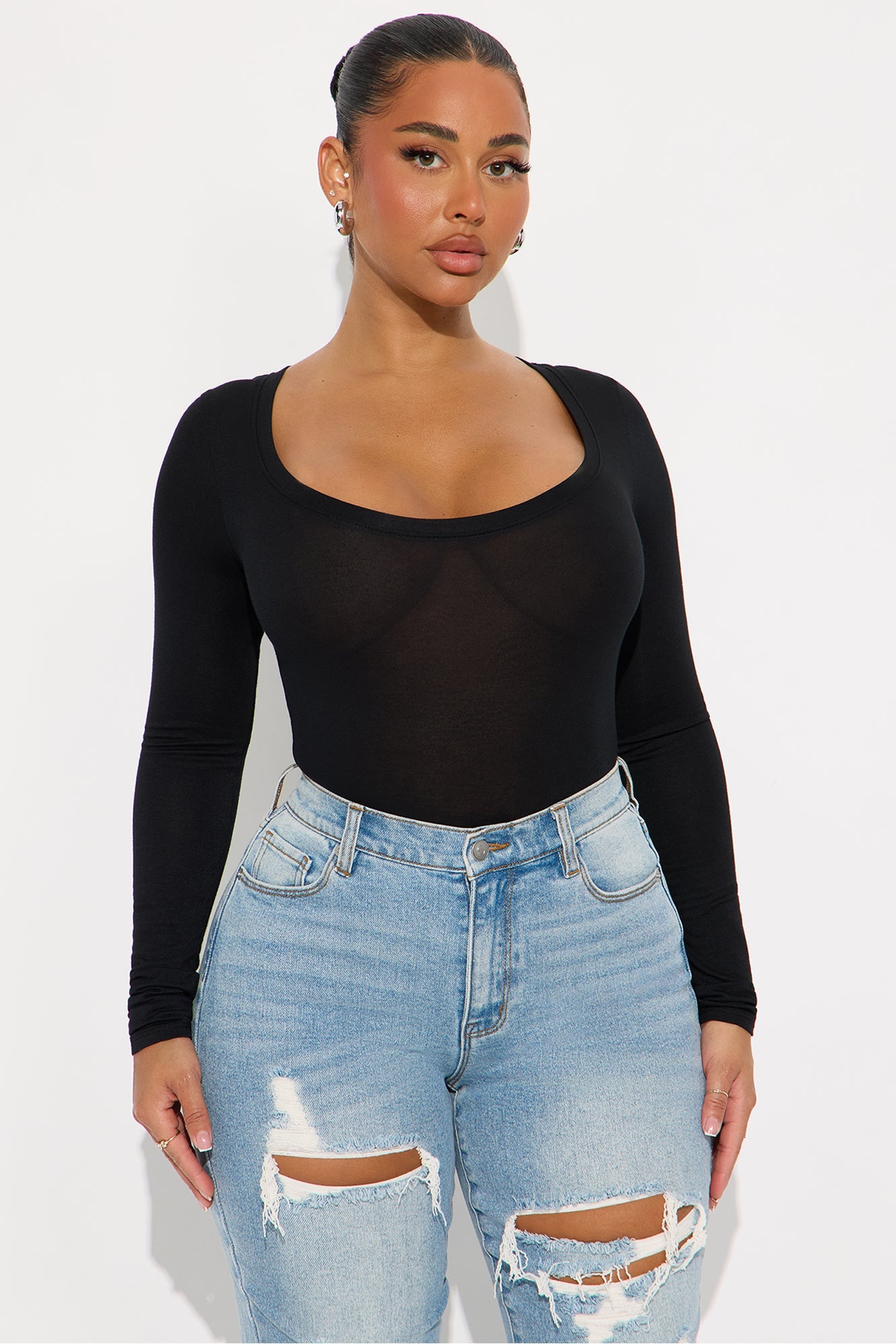Marlene Scoop Neck Long Sleeve Bodysuit - Black