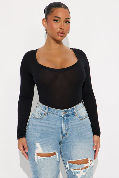 Marlene Scoop Neck Long Sleeve Bodysuit - Black