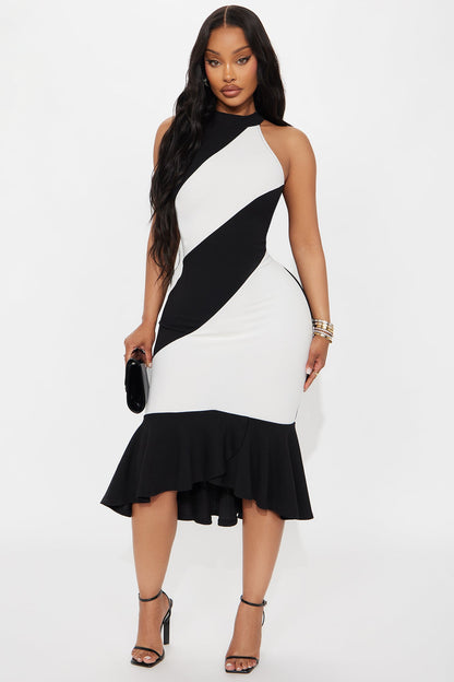 Bria Peplum Striped Midi Dress - Black/White