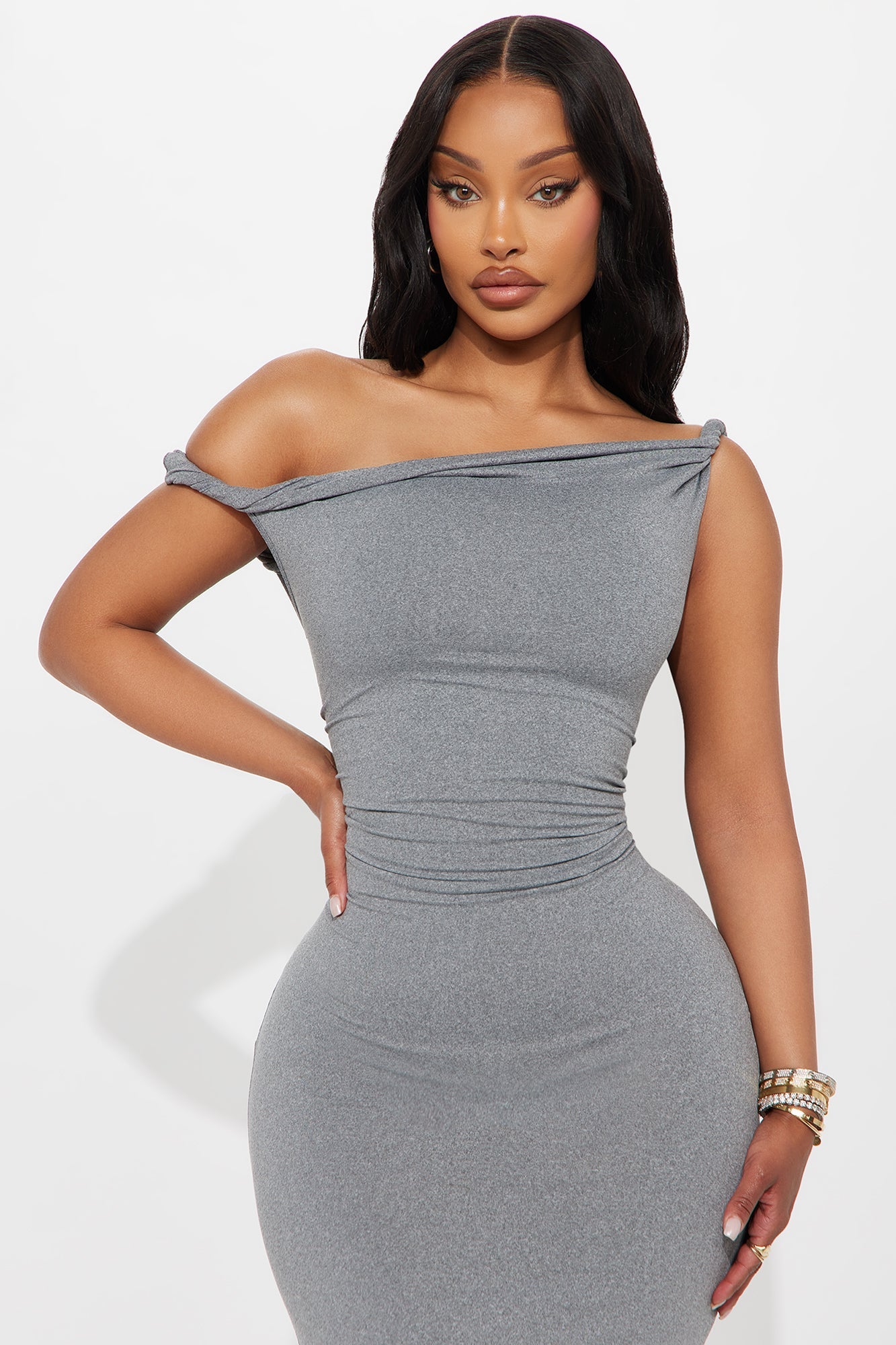 Cassie Off Shoulder Maxi Dress - Heather Grey