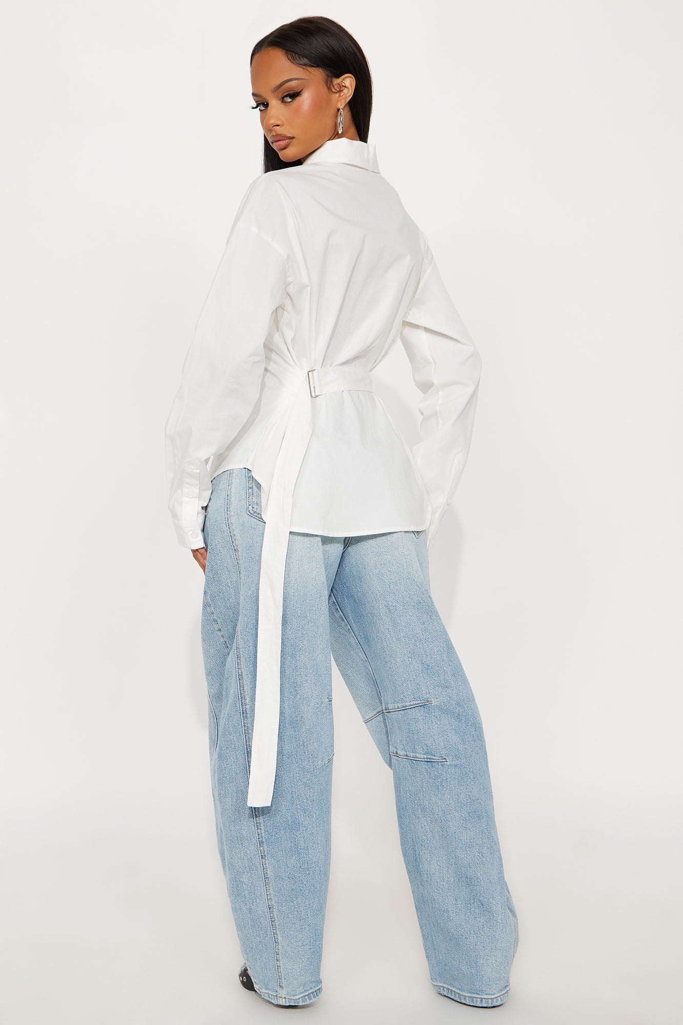 Office Vibes Belted Poplin Shirt - White