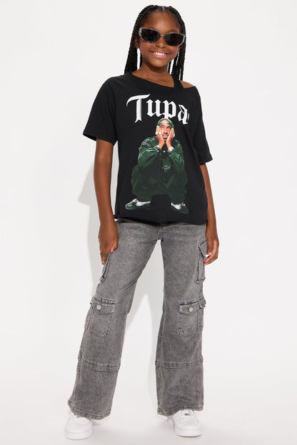 Mini Tupac Off Shoulder Washed Tee - Black