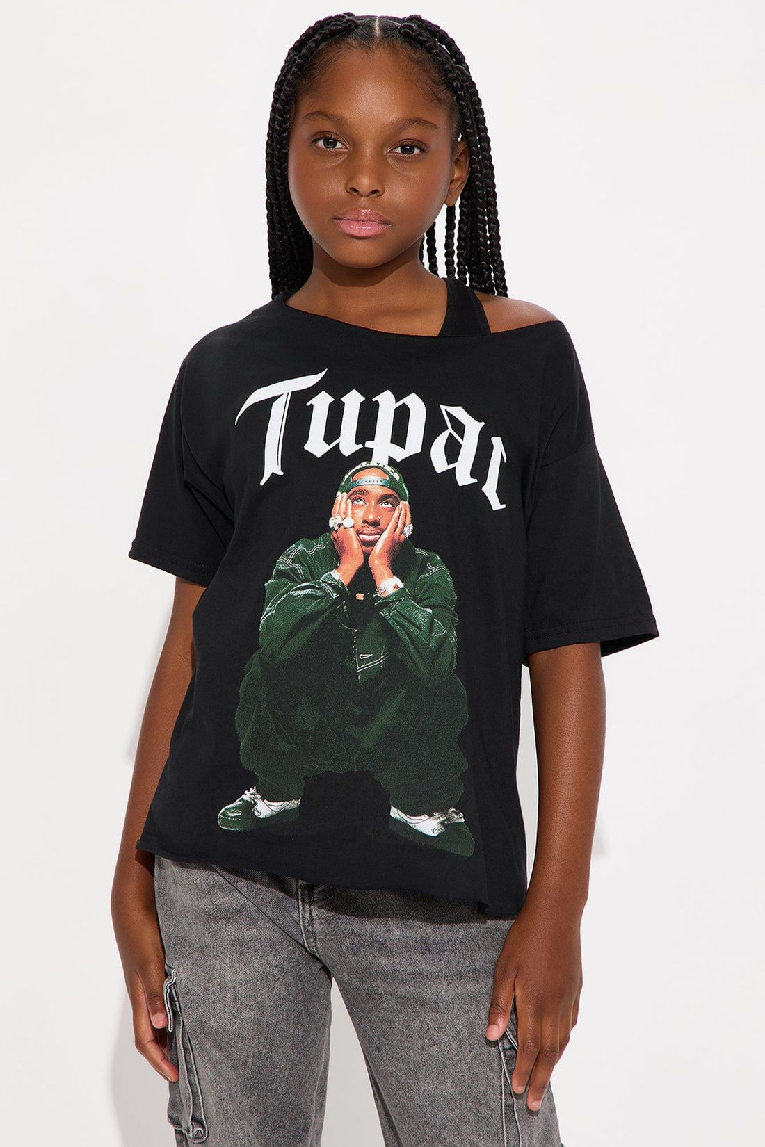 Mini Tupac Off Shoulder Washed Tee - Black