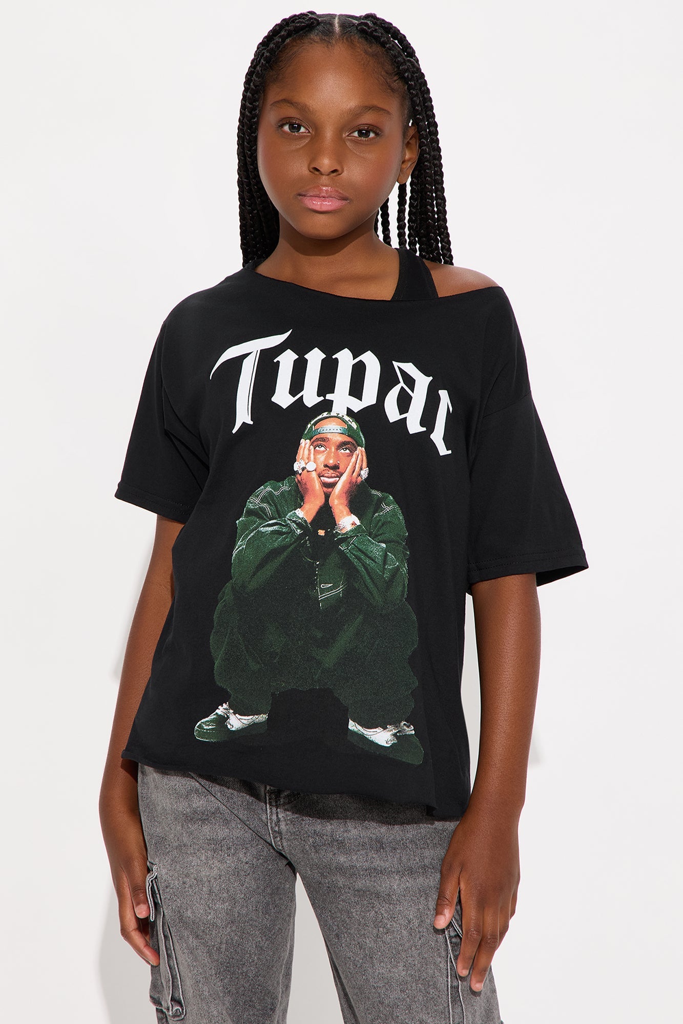 Mini Tupac Off Shoulder Washed Tee - Black