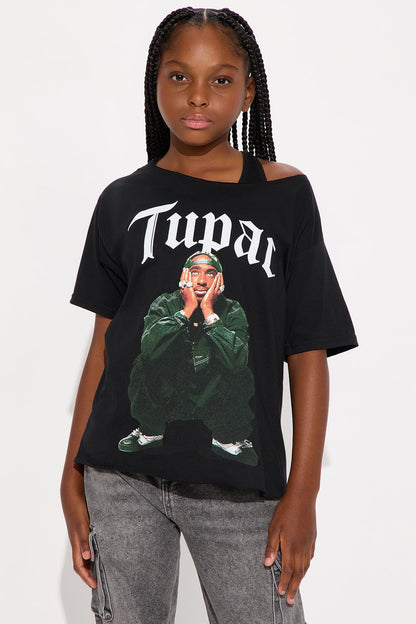 Mini Tupac Off Shoulder Washed Tee - Black