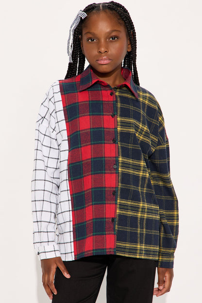 Mini Mixed Emotions Mixed Feelings Flannel Top - Red/combo