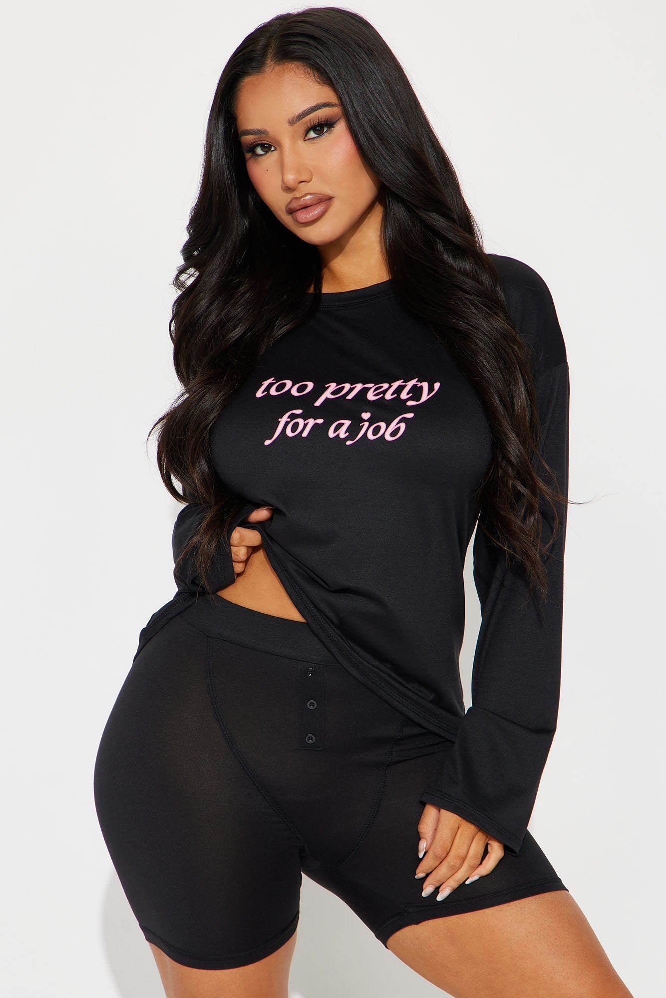 Too Pretty For A Job PJ Boxer Short Set - Black