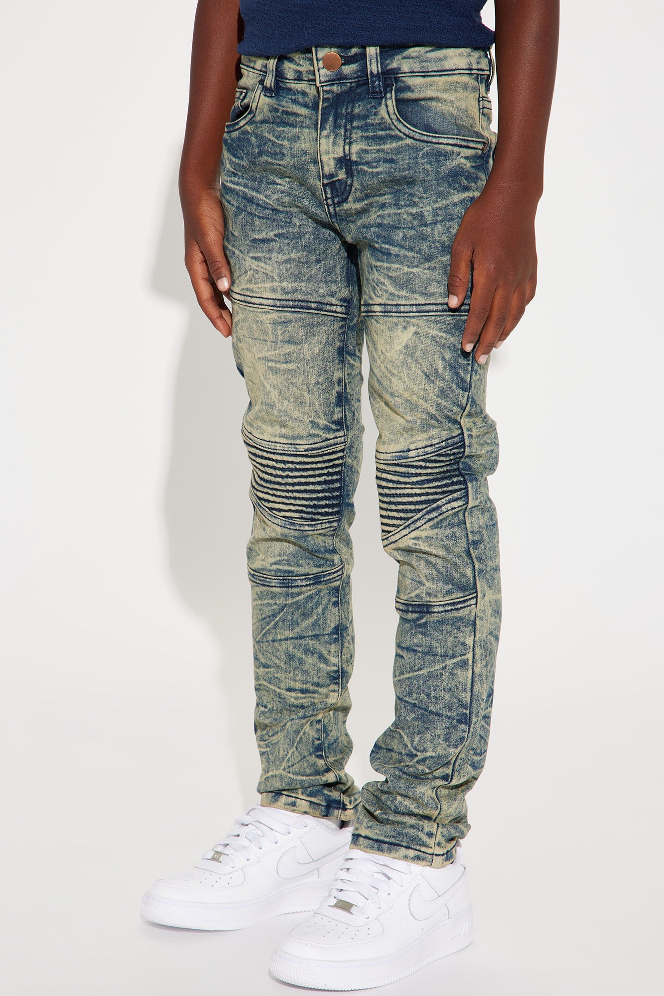 Mini Stretch Denim Rip And Repair Moto Skinny Jeans - Navy Wash
