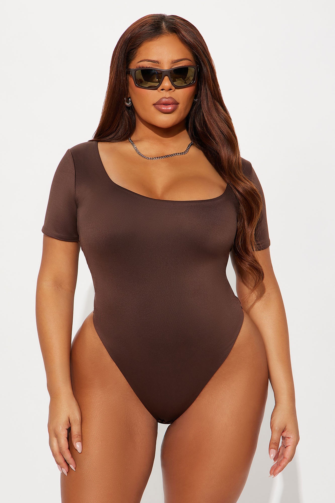 Contour Double Lined Short Sleeve Scoop Neck Bodysuit - Chocolate