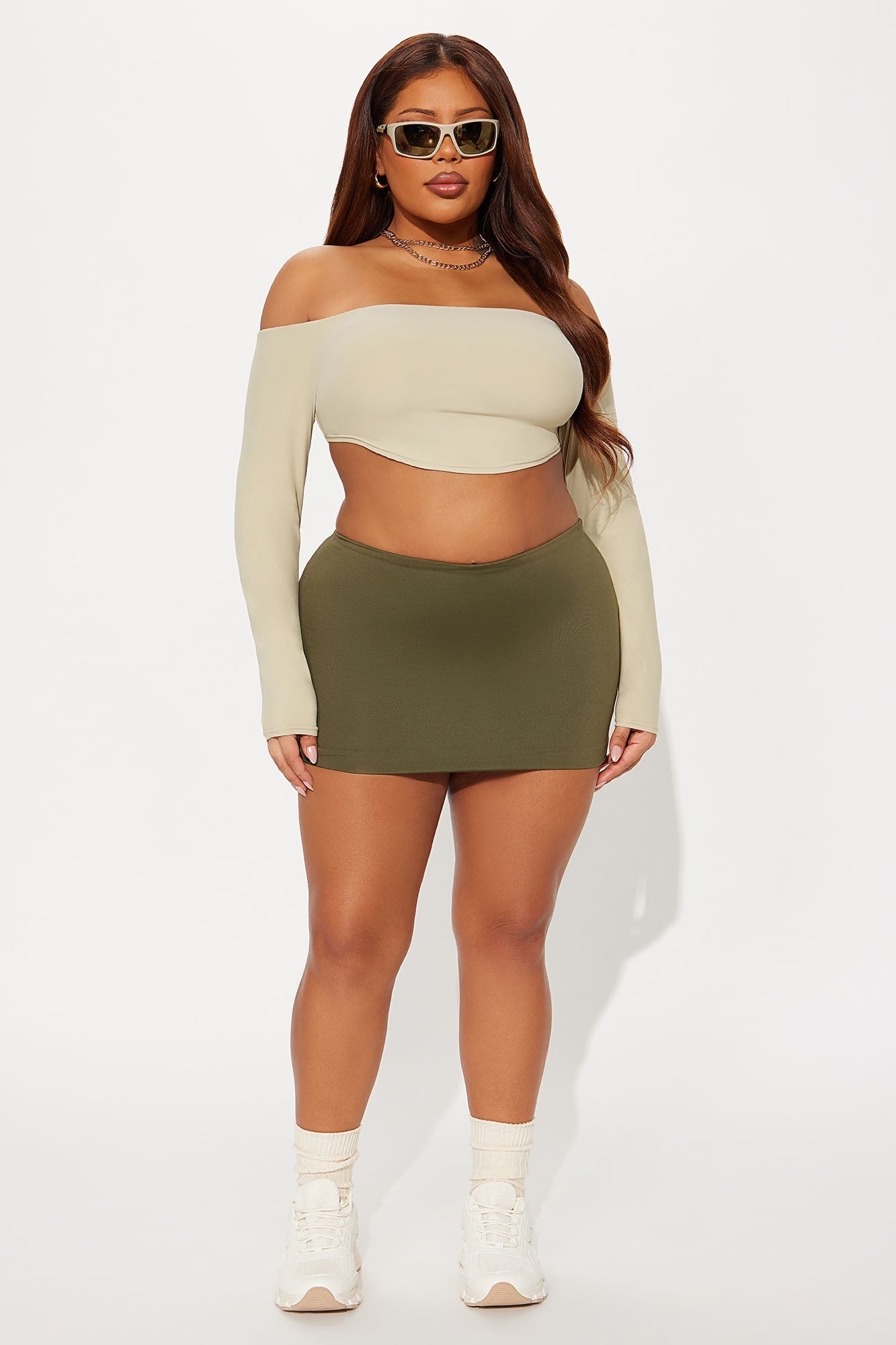 Second Skin Off Shoulder Cropped Top - Stone