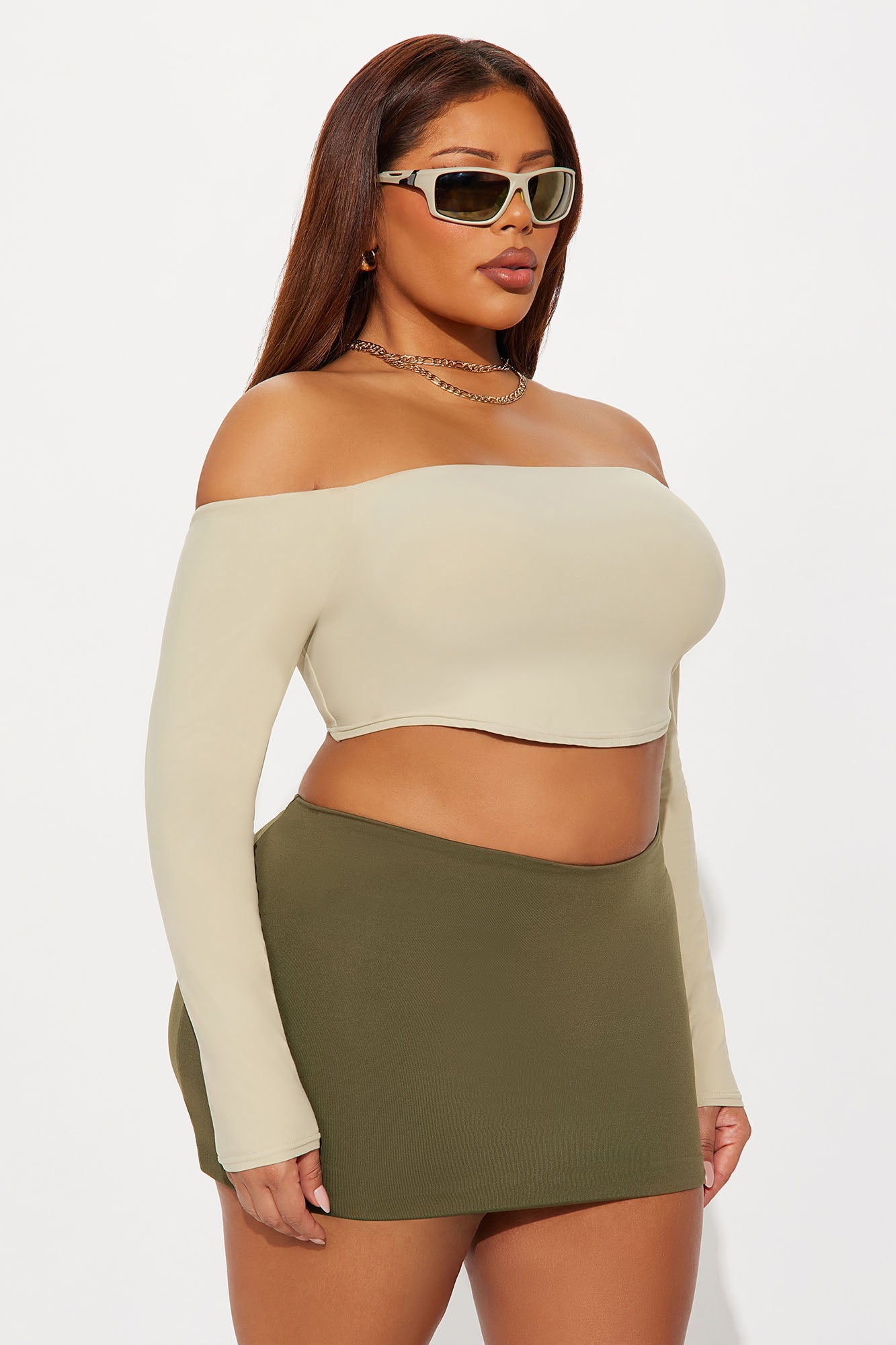 Second Skin Off Shoulder Cropped Top - Stone