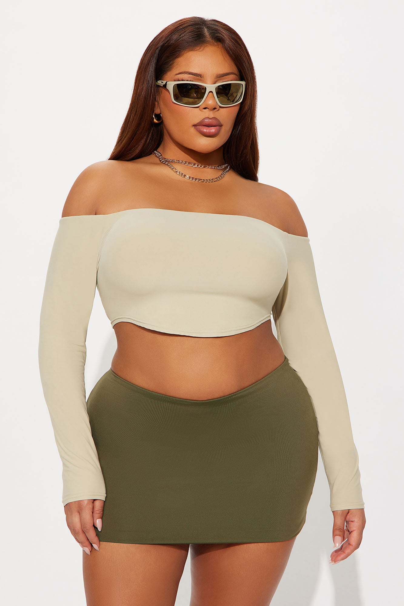 Second Skin Off Shoulder Cropped Top - Stone
