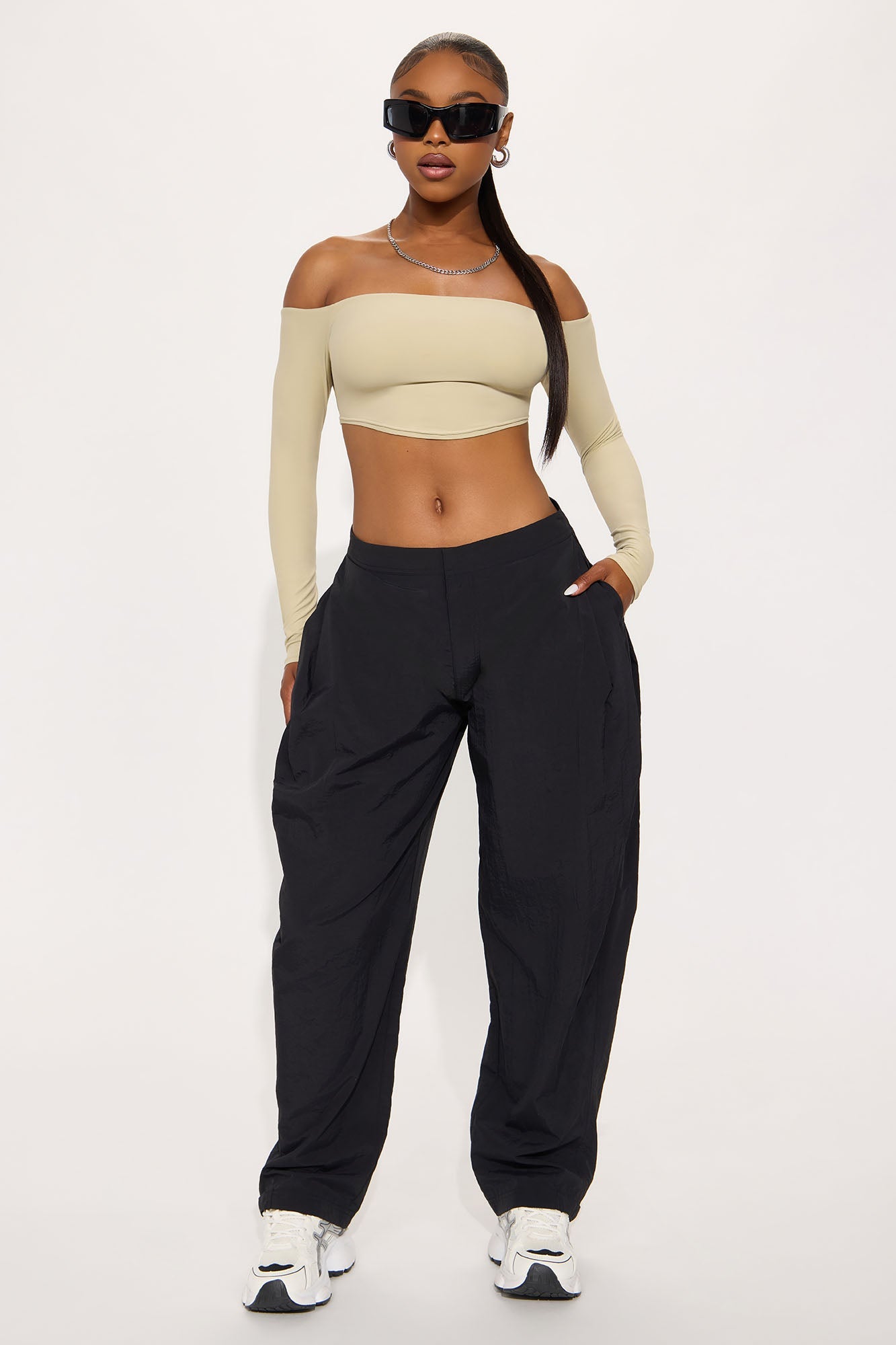 Second Skin Off Shoulder Cropped Top - Stone