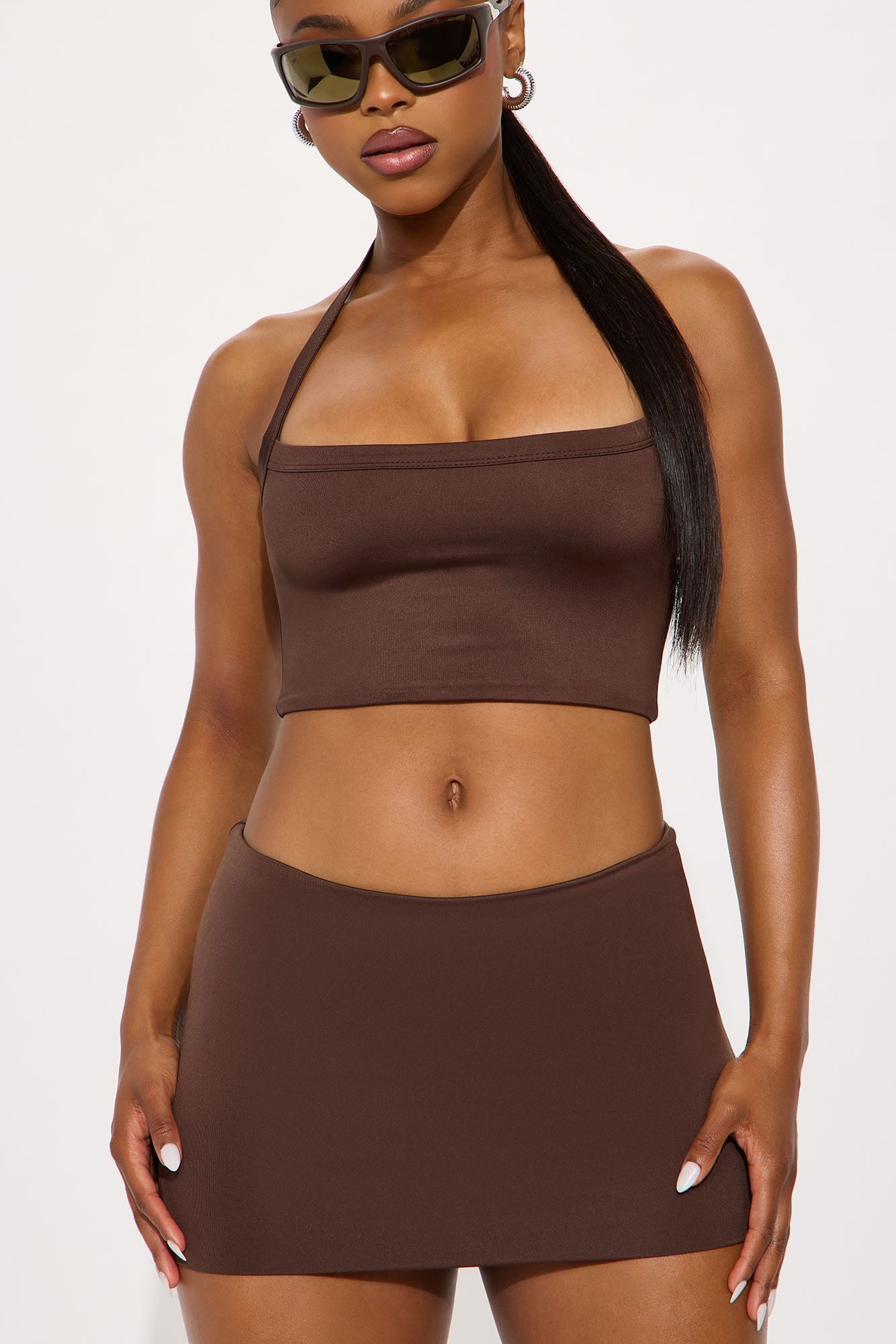Contour Double Lined Cropped Halter Top - Chocolate
