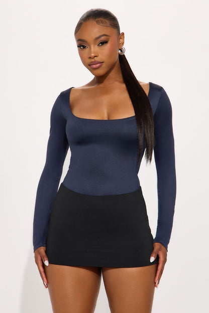 Contour Double Lined Long Sleeve Wide Scoop Neck Bodysuit - Navy
