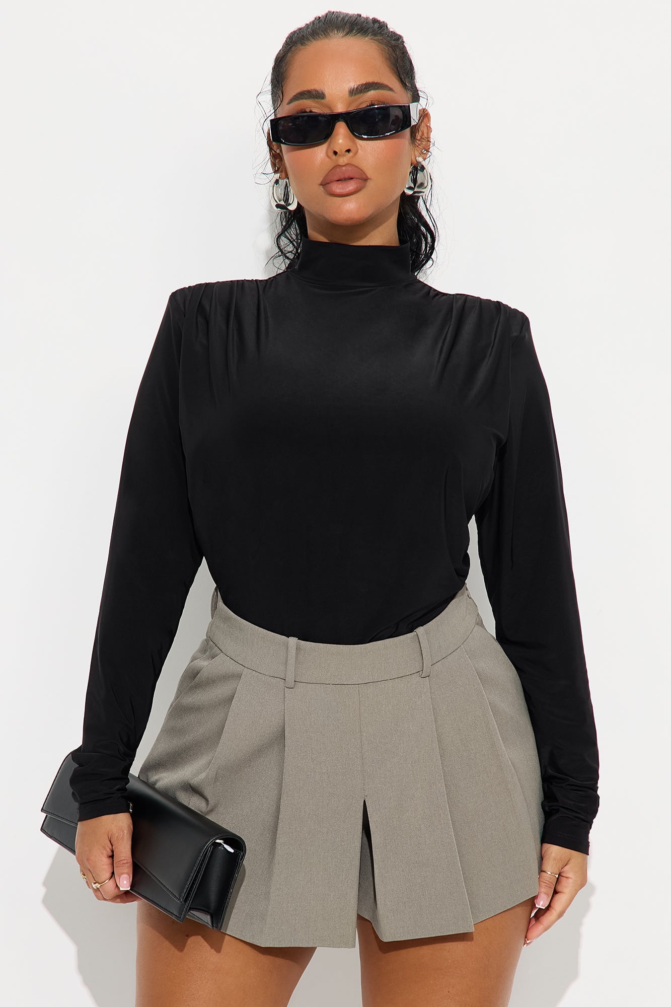Isabella Shoulder Pads Cowl Back Bodysuit - Black