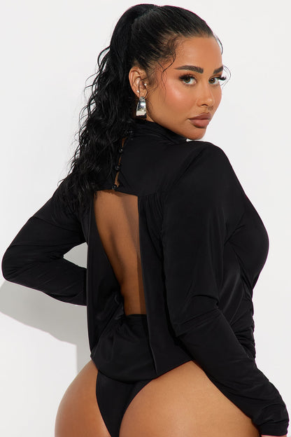 Isabella Shoulder Pads Cowl Back Bodysuit - Black