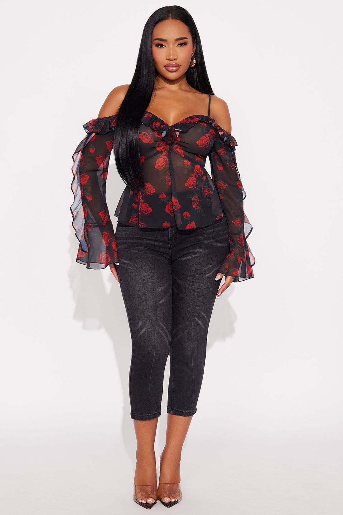 Sweet Delicate Rose Chiffon Ruffle Top - Black/Red