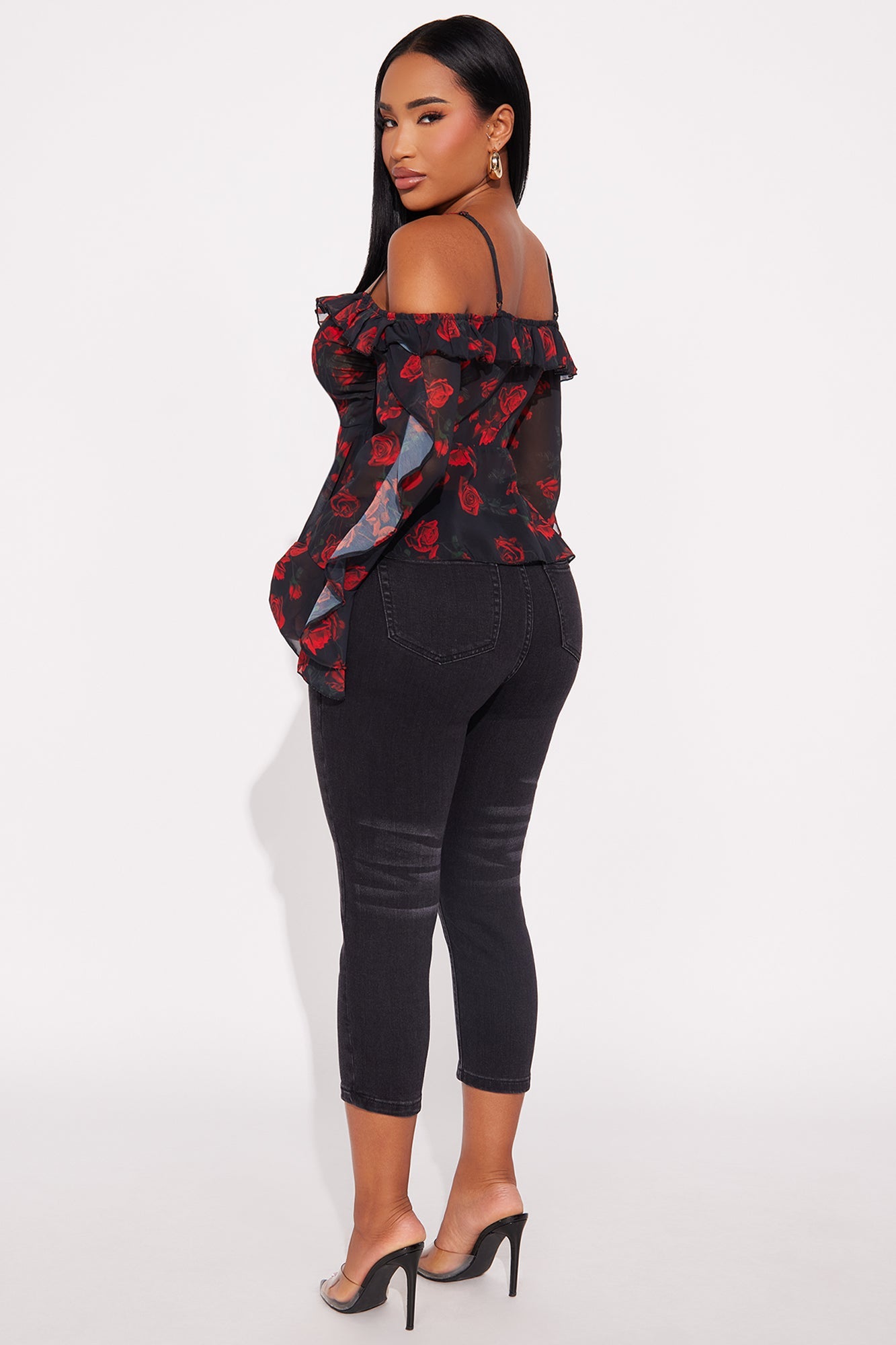 Sweet Delicate Rose Chiffon Ruffle Top - Black/Red