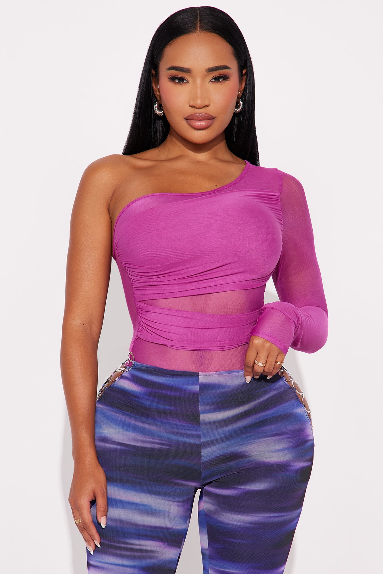Naiara One Shoulder Mesh Bodysuit - Plum