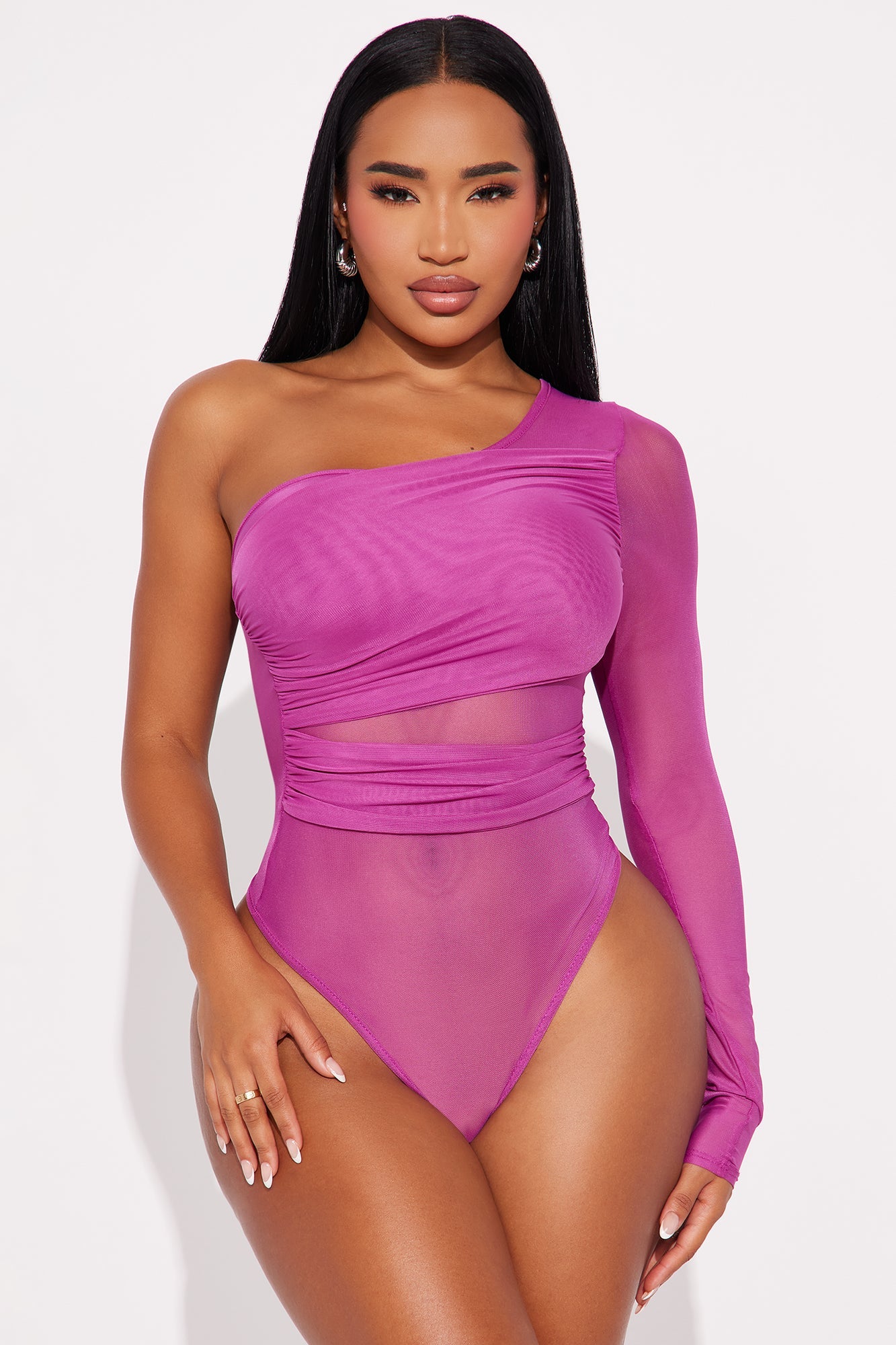 Naiara One Shoulder Mesh Bodysuit - Plum
