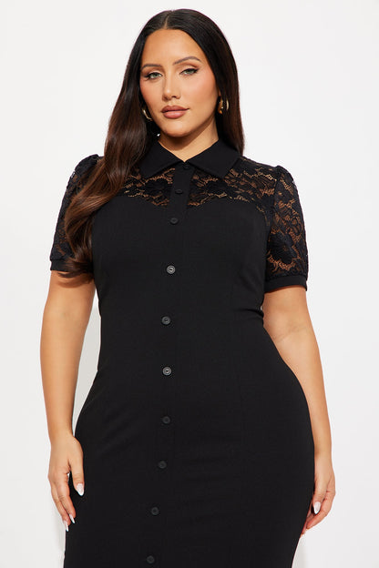 Helena Lace Short Sleeve Midi Dress - Black