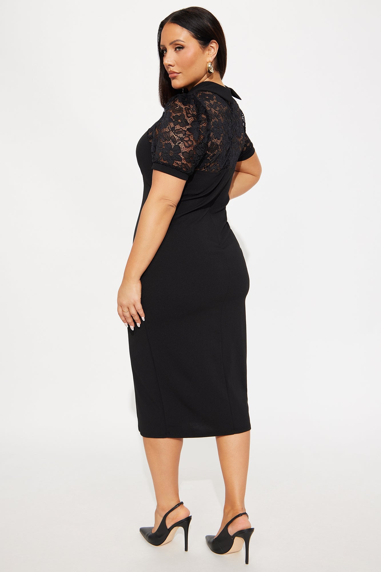 Helena Lace Short Sleeve Midi Dress - Black