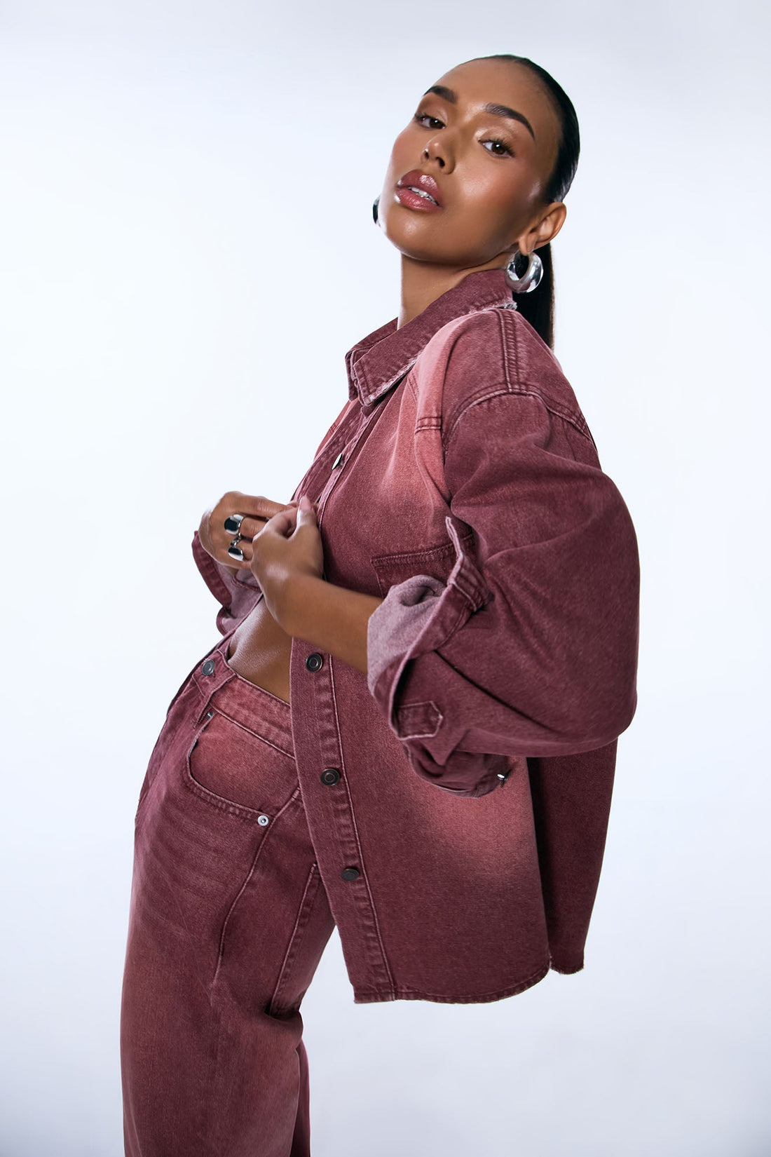 Slow Fade Denim Shacket - Burgundy