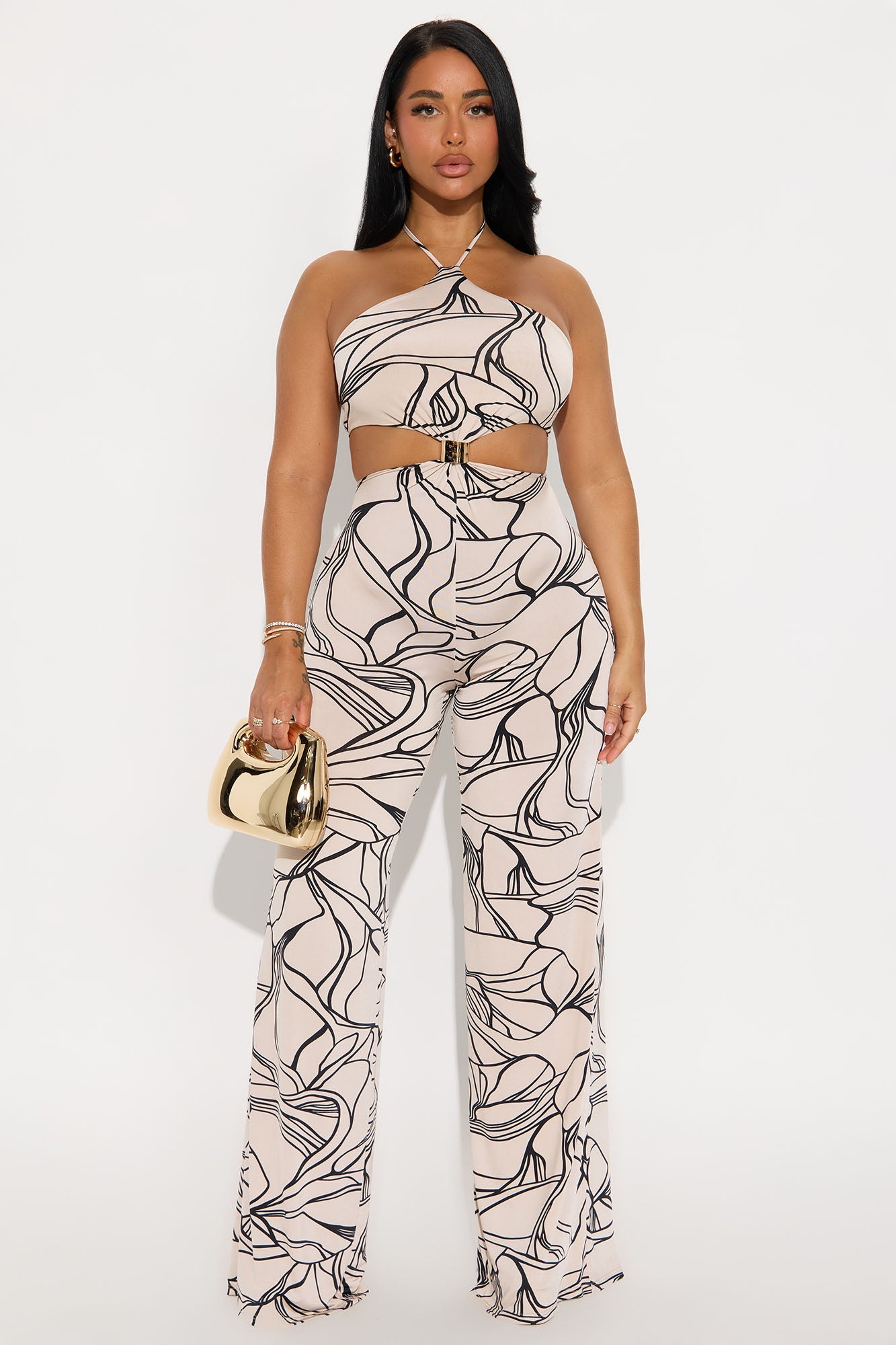 Lesly Abstract Halter Jumpsuit - Taupe/combo