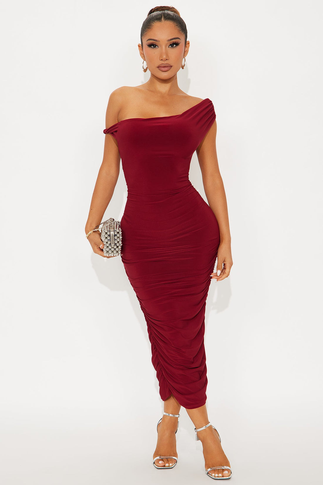 Blind Date One Shoulder Midi Dress - Wine