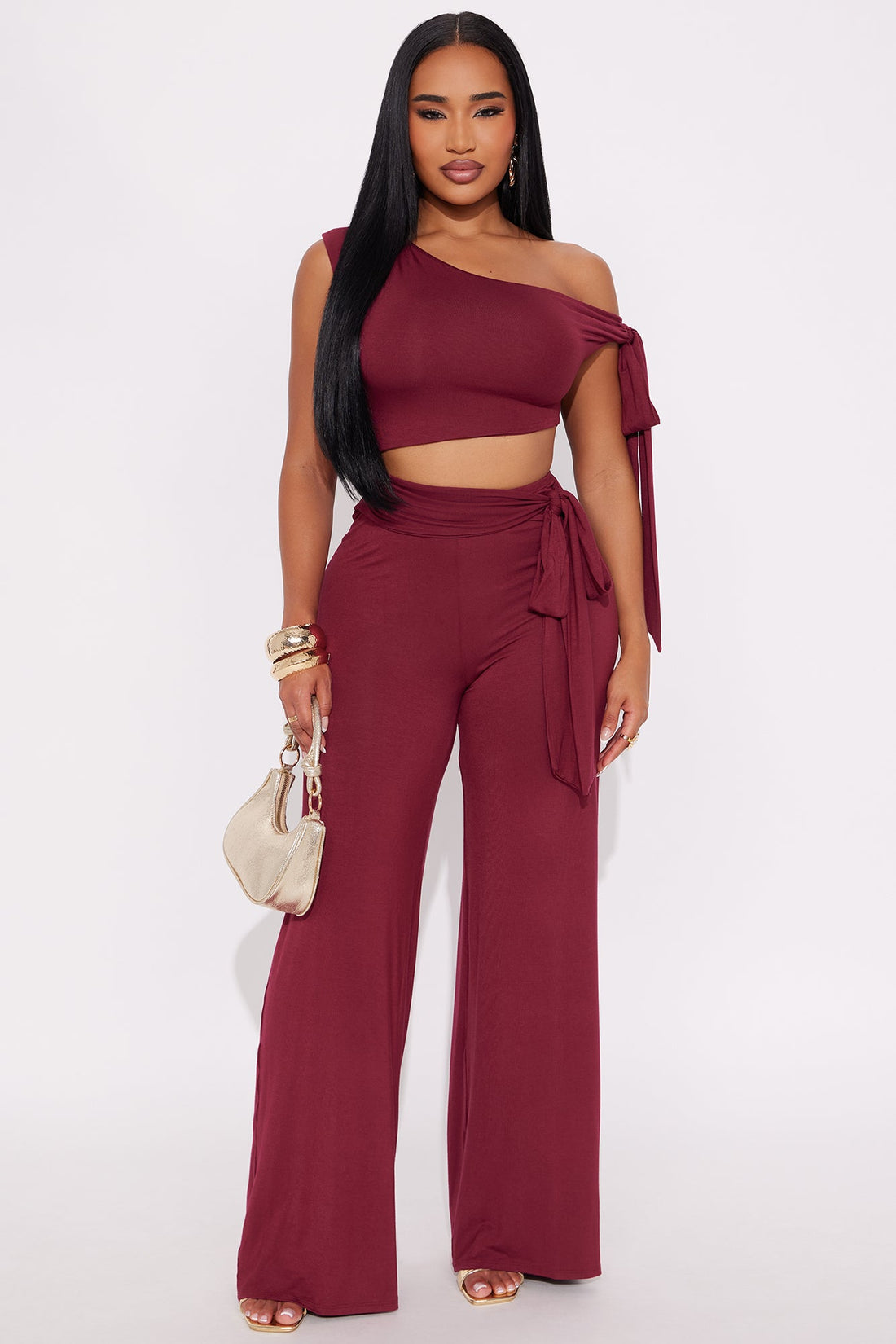 Hailey Off Shoulder Wide Leg Jumpsuit - Burgundy
