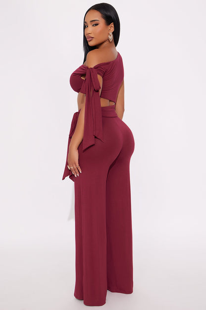 Hailey Off Shoulder Wide Leg Jumpsuit - Burgundy