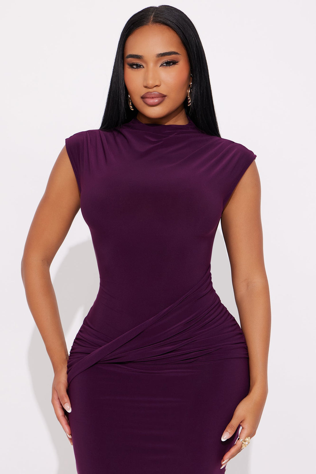 Renae Short Sleeve Ruched Maxi Dress - Plum