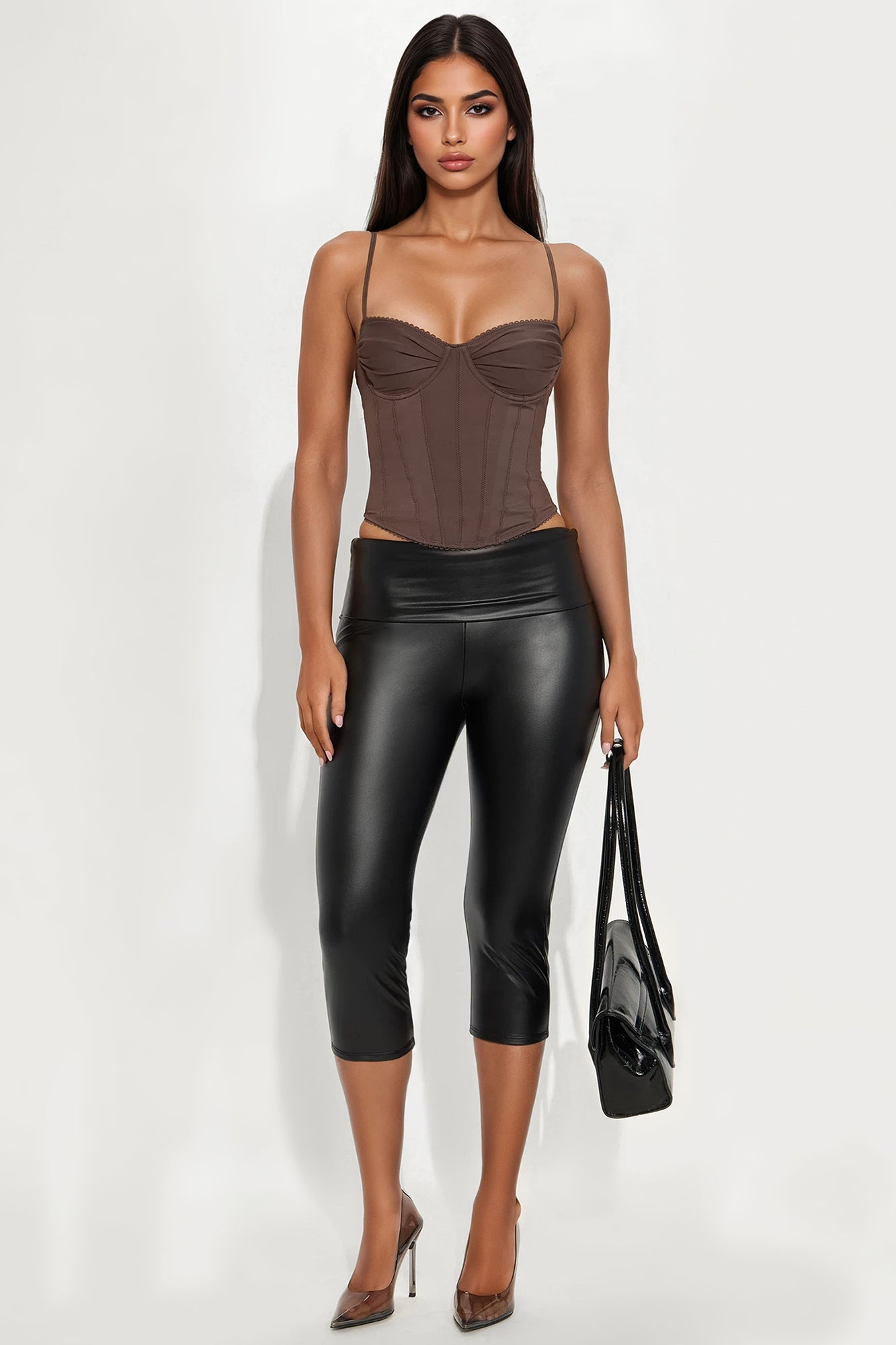 Kyrie Foldover Waistband Faux Leather Capri Legging - Black