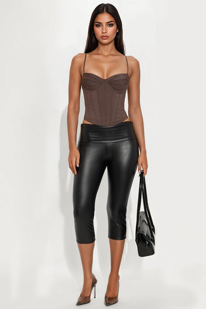 Kyrie Foldover Waistband Faux Leather Capri Legging - Black