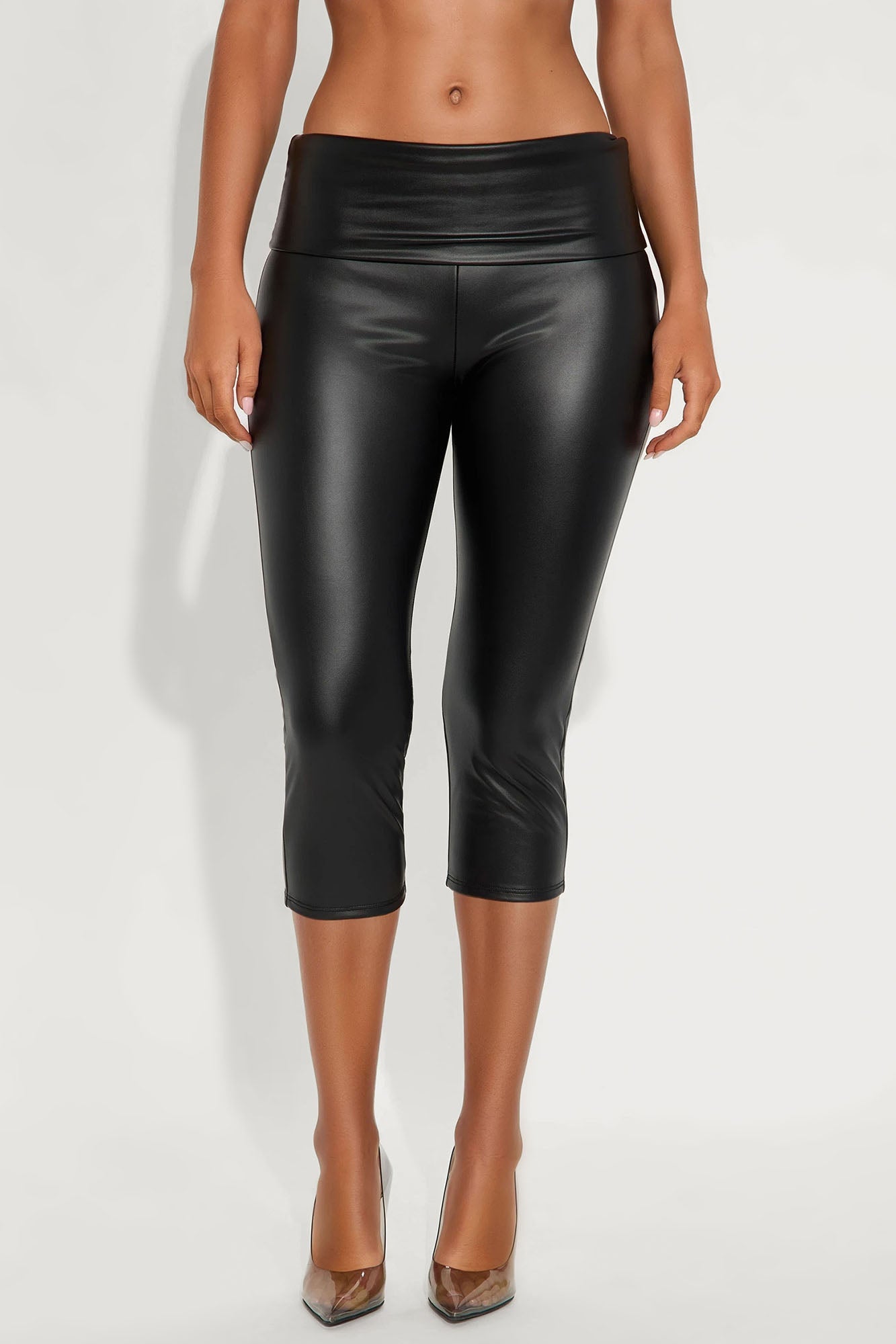 Kyrie Foldover Waistband Faux Leather Capri Legging - Black