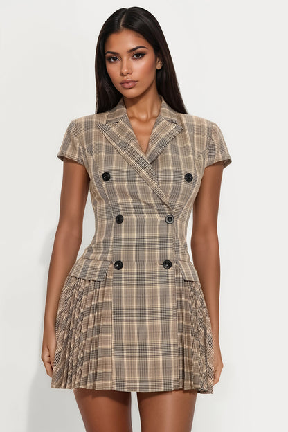 Eloise Short Sleeve Plaid Mini Dress - Brown Combo