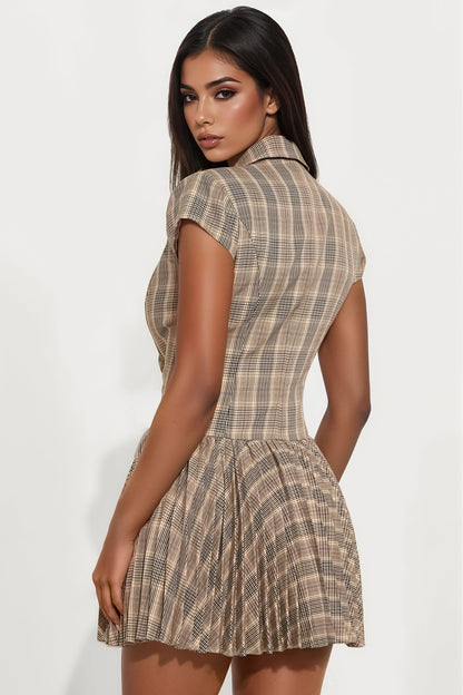 Eloise Short Sleeve Plaid Mini Dress - Brown Combo