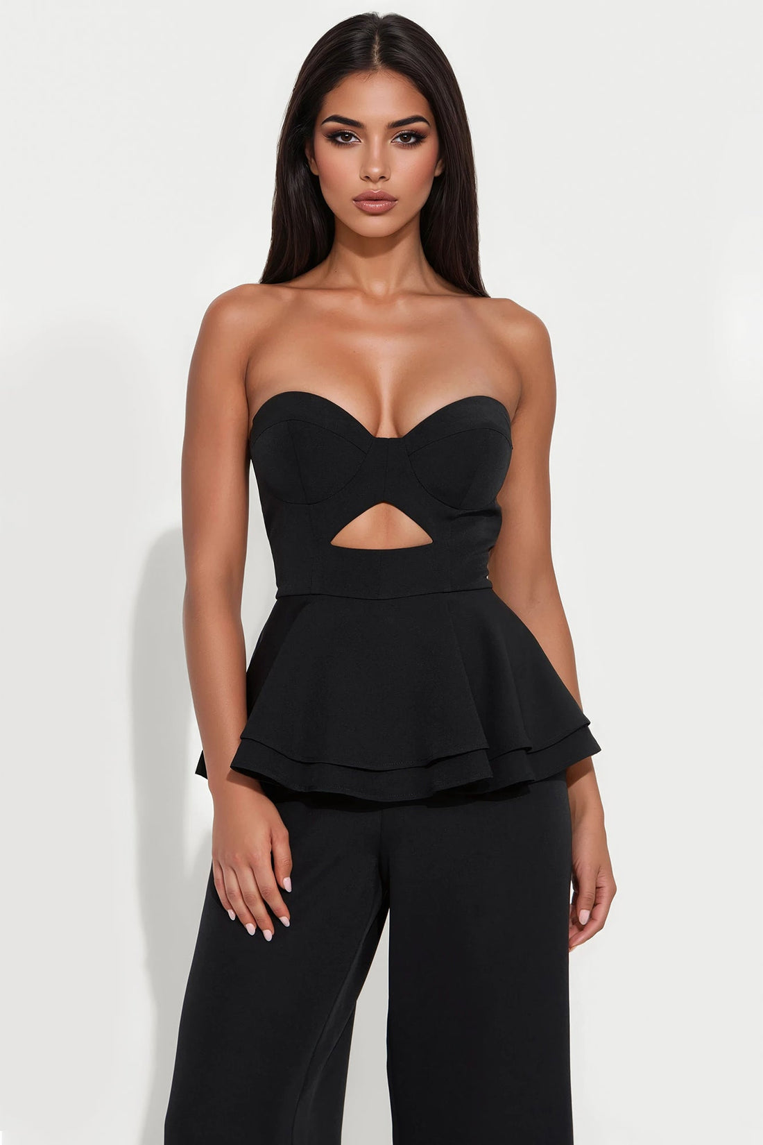 Angelica Peplum Wide Leg Jumpsuit - Black
