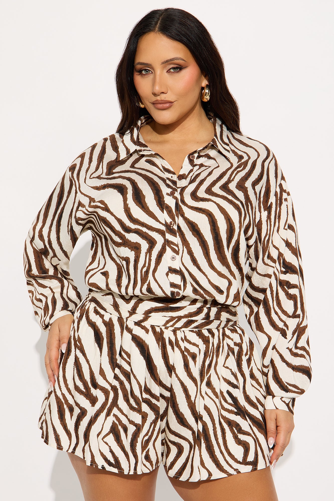 Rania Long Sleeve Button Up Romper - Brown/combo