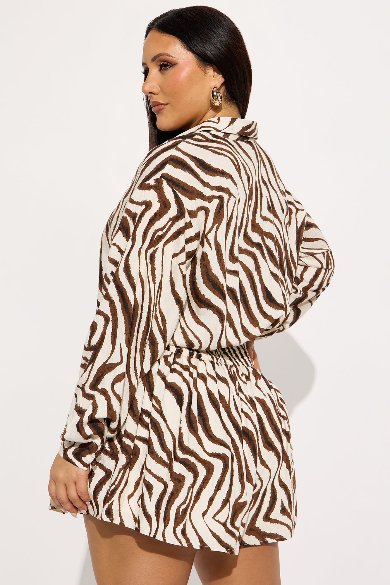 Rania Long Sleeve Button Up Romper - Brown/combo