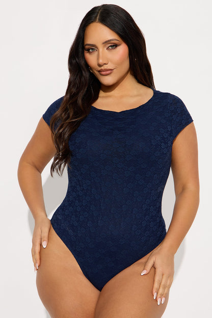 Samantha Lace Short Sleeve Bodysuit - Navy