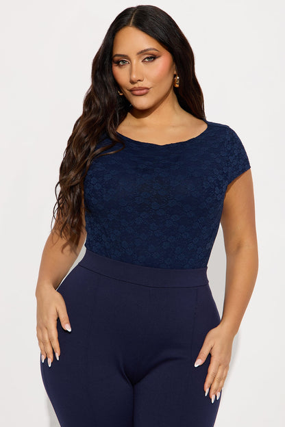 Samantha Lace Short Sleeve Bodysuit - Navy